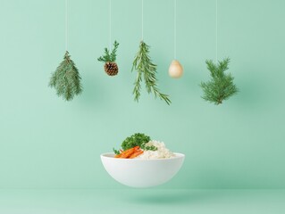 Poster - Surreal Pastel Still Life with Floating Ingredients and Korean Cuisine