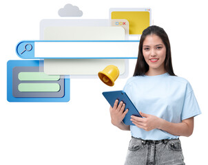 Poster - Young woman holding a tablet, surrounded by internet browser elements, isolated on a clean white background. Concept of web search and technology