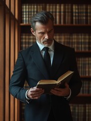 Poster - Timeless Minimalism Mature Caucasian Man Immersed in Vintage Literature within Warmly Lit Library