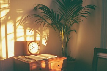 Poster - Minimalist Home Office with Analog Clock and Potted Plant in Soft Evening Light