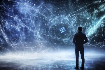 Poster - Person stands before a mesmerizing light display in a futuristic digital environment