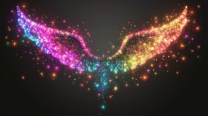 Fototapete - Multicolored glowing neon Christmas lights, 3D realistic vector icon creating an angel frame on a clear, transparent background