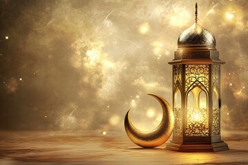 Wall Mural - Golden lantern and a crescent moon for Eid Mubarak and Ramadan Kareem on a beige background, with copy space for text