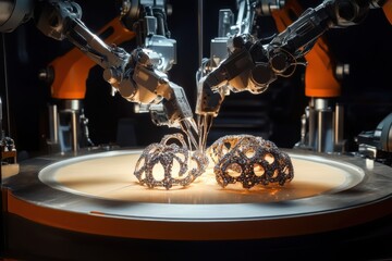 Poster - Robotic arms creating intricate designs on a rotating surface in a modern workshop