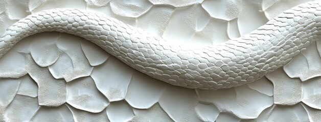 Poster - Elegant White Snake on Textured Background of Scales and Petals, Symbolizing Serenity and Grace in Nature, Ideal for Art and Design Projects