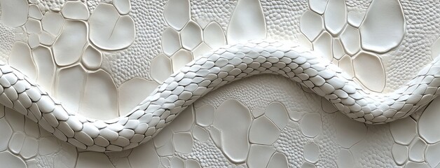 Poster - Elegant White Snake Wrapped Around Textured Surface, Showcasing Intricate Patterns and Subtle Shadows in Minimalistic Art Composition