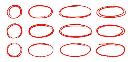 Poster - Hand drawn red highlight oval frame shape set. Doodle crayon pencil, marker brush stroke oval underline element pack. Hand drawn pencil stroke sketch marker vector illustration