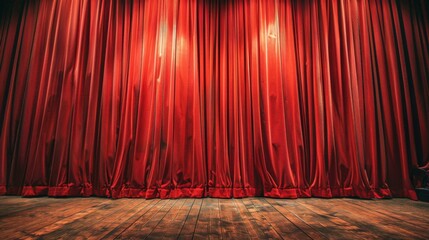 A closed red stage curtain in a theater, showcasing elegant folds and rich fabric texture, creating a dramatic and classic atmosphere.

