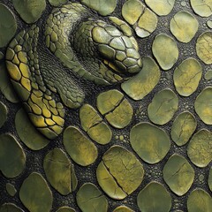 Poster - Intricate Textured Green Snake with Stone-like Appearance Blending into a Decorative Surface, Showcasing Unique Patterns and Rich Colors for Artistic Use