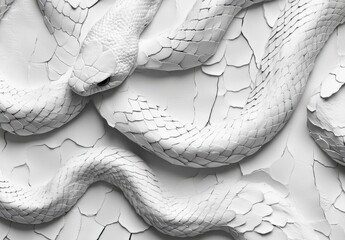 Poster - Intricate White Snake Textures on Cracked Surface, Showcasing the Beauty of Nature’s Design in a Monochromatic Art Piece
