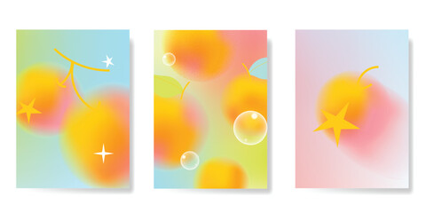 Wall Mural - abstract colorful gradient fruit card background set. minimalist poster with orange, cherry, bubble,
