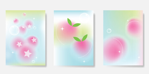 Wall Mural - abstract colorful gradient fruit card background set. minimalist poster with berry, bubble, sparkle,
