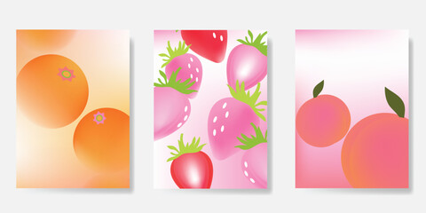 Wall Mural - abstract colorful gradient fruit card background set. minimalist poster with orange, strawberry, pea