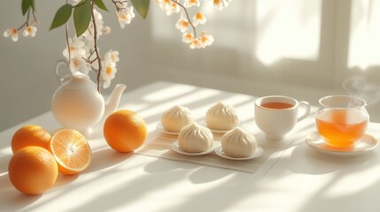 Poster - Sunny morning tea with buns and oranges.