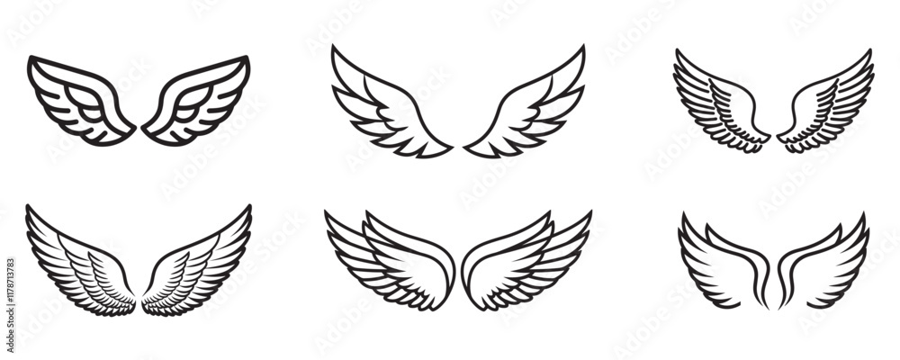 outline angel wing icon set vector art on white background Stock Vector ...