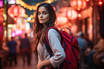 Canvas Print - Back view Indian women backpacker travel street adult.