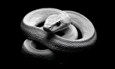 Poster - Majestic White Snake Curled Gracefully Against a Dark Background Showcasing its Textured Scales and Intriguing Gaze in a Stunning Monochrome Presentation