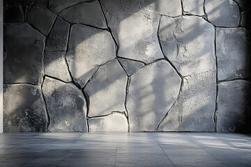 Poster - A 3D gray concrete wall with a cracked texture pattern serves as a backdrop to a gray cement floor, creating a banner background for loft design concepts