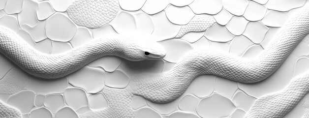Poster - Serene and Minimalistic Image of a White Snake Against a Textured White Background Capturing Nature's Subtle Beauty in a Contemporary Art Style