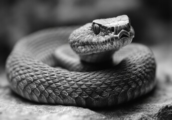 Poster - Striking Close-Up of a Coiled Snake with Intricate Scale Patterns Showcasing Natural Wildlife Beauty in Monochrome Tone for Nature Photography Enthusiasts and Educators
