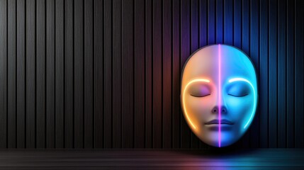 Poster - Futuristic neon facial sculpture digital art studio 3d rendering abstract environment front view modern aesthetics