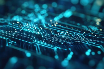 Poster - Intricate patterns of a circuit board illuminated in blue light during a technology upgrade