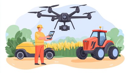 Wall Mural - A farmer using a drone and tablet to monitor crops near a tractor in a field.