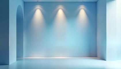 Poster - Empty modern room with light blue walls, floor. Built-in lighting creates soft shadows. Ideal for product presentations interior design concepts. Minimalist design. Contemporary style. Bright, clean