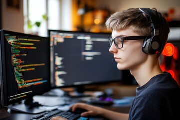 Poster - Young programmer working on coding tasks at a home office during evening hours