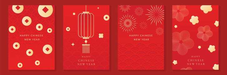 Wall Mural - chinese new year 2025 greeting card background vector. collection of chinese festival with lantern, 