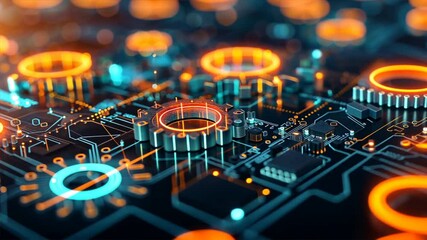Aufkleber - Futuristic Circuit Design Glowing Blue and Orange Electronics Showcase Intricate Technology and Abstract Digital Patterns for Vibrant Experience.