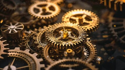 Poster - Intricate golden gears and cogs in mesmerizing mechanical display showcase beauty of vintage engineering and design, highlighting craftsmanship and innovation of clockwork machinery.