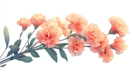 Poster - Peach-colored flowers, stems, leaves, isolated on white background.