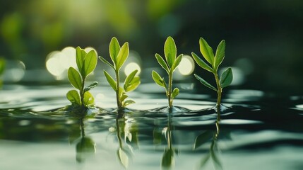 Poster - Lush Green Foliage Emerging from Calm Water in a Serene Nature Composition