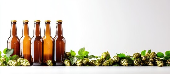Poster - Assorted glass beer bottles with fresh hops and leaves on white background for your beverage or brewing related design purposes