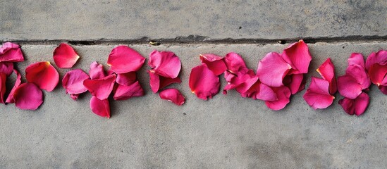 Poster - flower petals laid on ground with blank space for text overlay in a serene and romantic setting