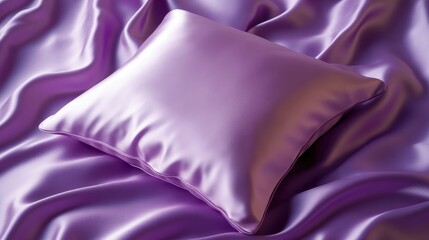 Poster - Elegant soft pillow resting on rich purple satin fabric background with ample copy space for luxury branding and design projects