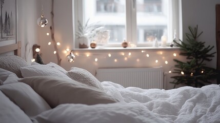 Poster - Cozy Bedroom Decor with String Lights and Christmas Ornaments in a Serene Setting