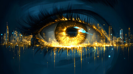 Poster - A striking close-up of a golden eye reflecting a futuristic cityscape, illuminated with vibrant lights against a dark blue background