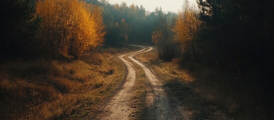 Canvas Print - Winding dirt road through golden autumn forest scenery in morning light showcasing nature's beauty and adventure in an open landscape