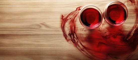 Poster - Elegant wine glasses with red liquid on rustic wooden background ideal for promotional content or restaurant advertising