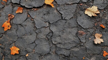 Poster - Textured asphalt surface with orange autumn leaves creating empty copyspace for design and illustration purposes in seasonal context.