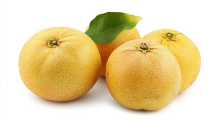 Poster - Fresh Yellow Lemons with Green Leaf Isolated on Clean White Background Perfect for Culinary and Health Related Concepts