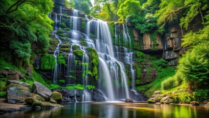 Wall Mural - Serene waterfall cascading down rocky cliffs surrounded by vibrant green foliage, Waterfall, cascading, rocky cliffs