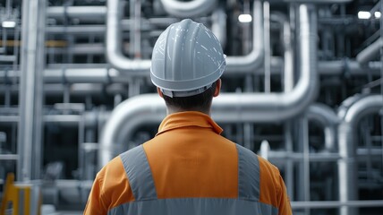 Wall Mural - repairman handyman efficiency Concept. Worker in safety gear observing industrial piping setup in a factory environment.