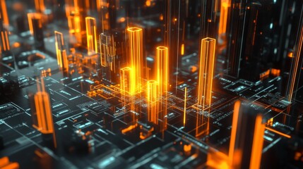 Aufkleber - A D financial chart with rising columns and a glowing trendline, placed over a sleek digital grid with futuristic design elements