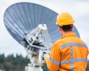 Wall Mural - repairman handyman efficiency Concept. Worker operating satellite dish with safety gear and helmet in outdoor setting.