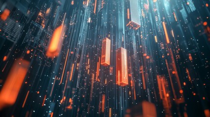 Poster - A D financial graph with rising bars and an upward trending line chart, with metallic textures and subtle lighting effects, floating in digital space