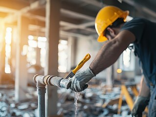 Wall Mural - repairman handyman efficiency Concept. A worker repairs plumbing in a construction site with a wrench, wearing a safety helmet and gloves.