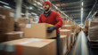 © Atchariya63 - Worker transporting boxes in a busy warehouse environment, showcasing logistics in action.